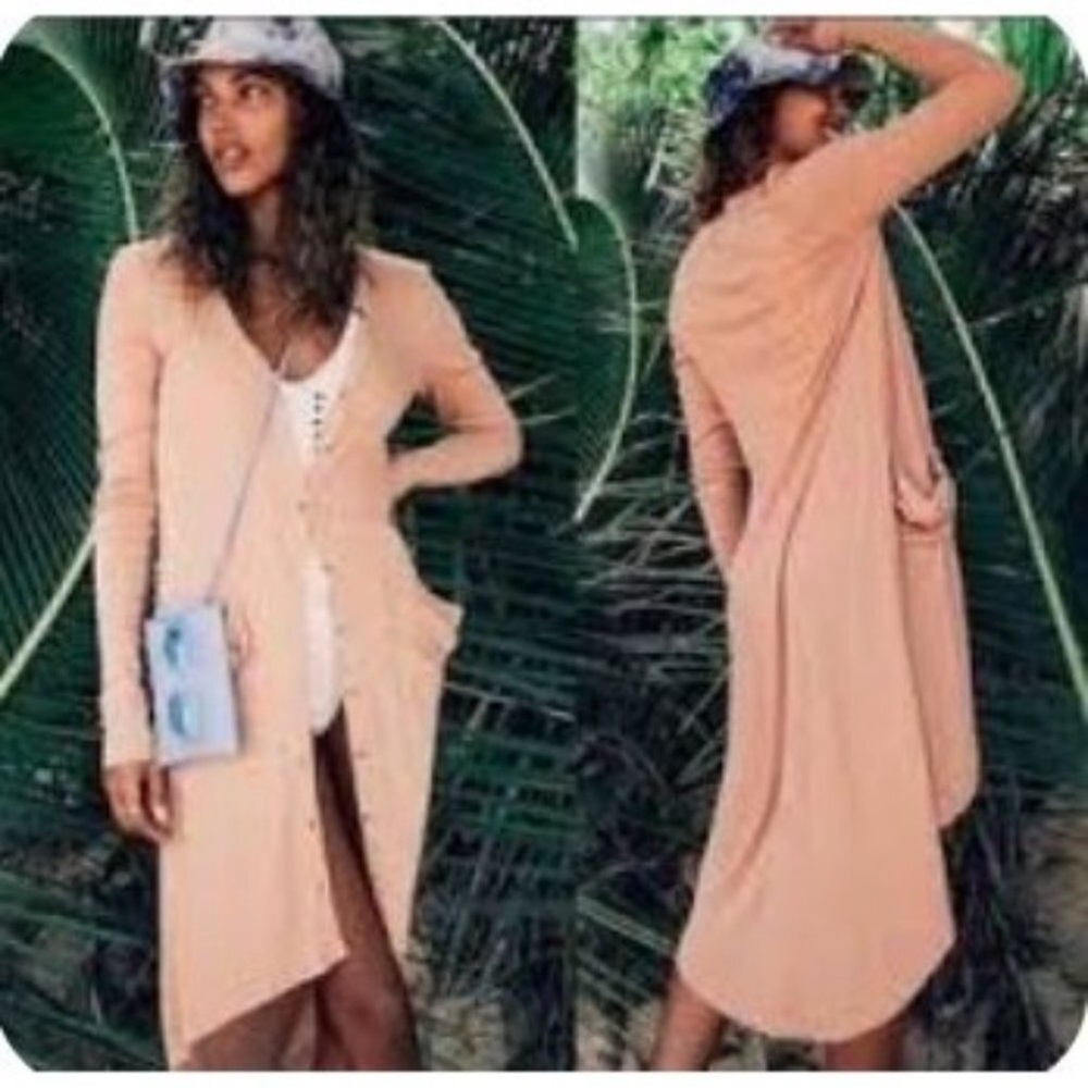 FREE PEOPLE BEACH LONG RIBBED BUTTON DOWN CARDIGAN NEON ORANGE SIZE SMALL